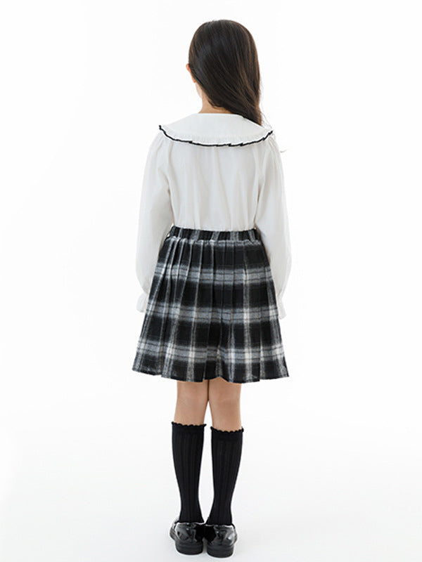 Arrival Autumn Kids Girls White Top, Sleeveless Vest and Plaid Skirt Clothing Set