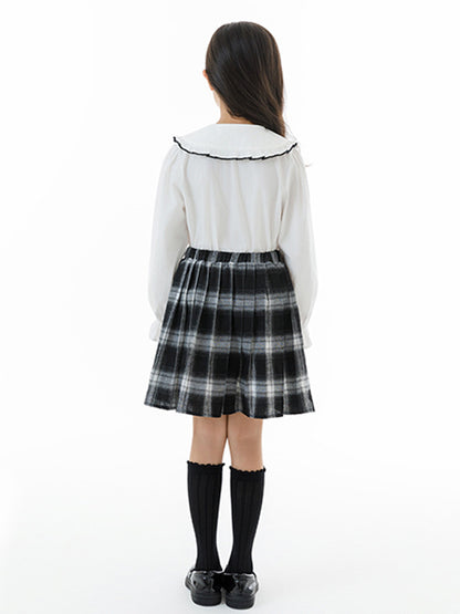 Arrival Autumn Kids Girls White Top, Sleeveless Vest and Plaid Skirt Clothing Set