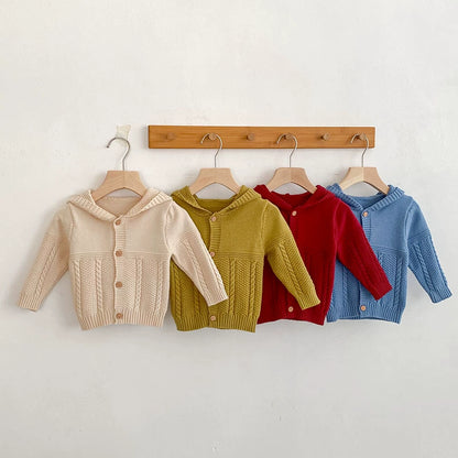 Autumn Arrival Baby Unisex Comfortable Solid Color Geometric Pattern Knitted Long Sleeves Cardigan with Hood, MyKids-USA®, Cardigans, MyKids-USA -  -  -  -  -  -  - 