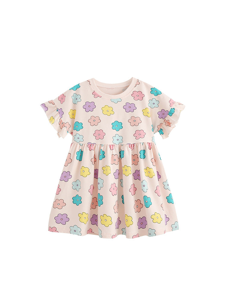 Summer Hot Selling Cute Flowers Pattern Short Sleeves Dress for Stylish Girls