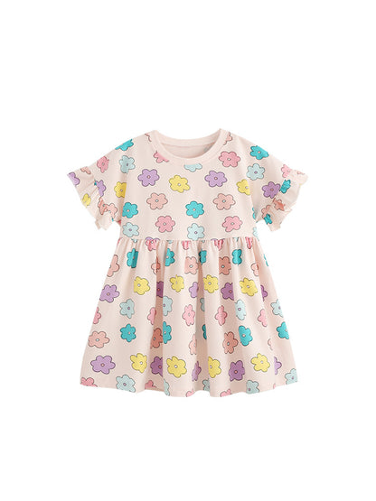 Summer Hot Selling Cute Flowers Pattern Short Sleeves Dress for Stylish Girls