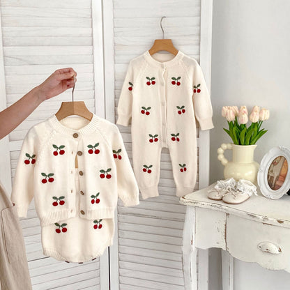 Arrival Autumn Baby Unisex Long Sleeves Cherry Jacquard Pattern Strap Onesies and Crew Neck Cardigan – Matching Set, MyKids-USA®, Baby & Toddler Outfits, MyKids-USA -  -  -  -  -  -  - 