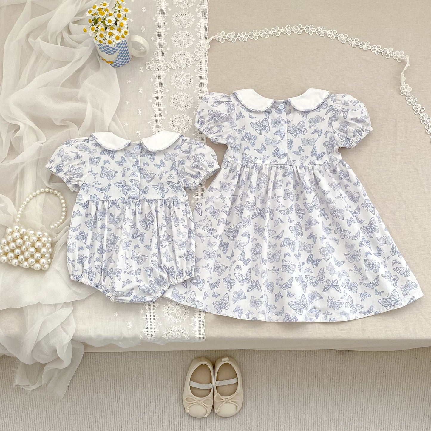 Summer Girls Arrival Butterfly Pattern Short Sleeves Onesies and Girls’ Dress – Princess Sister Matching Set, MyKids-USA®, Baby & Toddler Dresses, MyKids-USA -  -  -  -  -  -  - 