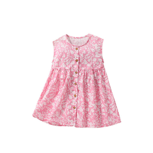 Summer Arrival Floral Sleeveless Single Breasted Dress for Stylish Girls, MyKids-USA®, Baby & Toddler Dresses, MyKids-USA - Size/Age - 100 (2-3Y) - Color - Pink -  -  - TR2506101711-A