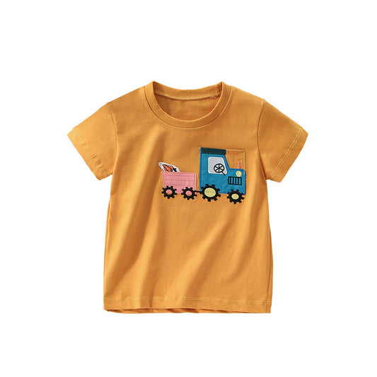 Summer Arrival Boys’ Tractor Cartoon Pattern T-shirt in European and American Style, MyKids-USA®, T-Shirts, MyKids-USA - Size/Age - 120 (5-7Y) - Color - Yellow -  -  - TR2506252002-A
