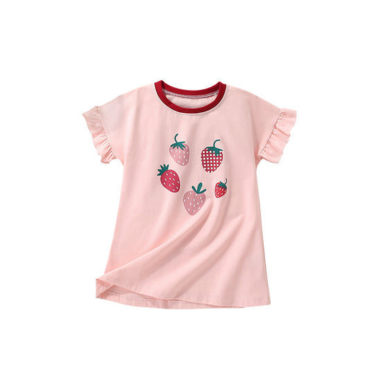 Summer Arrival Pink Strawberry Pattern Short Sleeves Cute Dress for Stylish Girls, MyKids-USA®, Baby & Toddler Dresses, MyKids-USA - Size/Age - 100 (2-3Y) - Color - Pink -  -  - TR2506262359-A