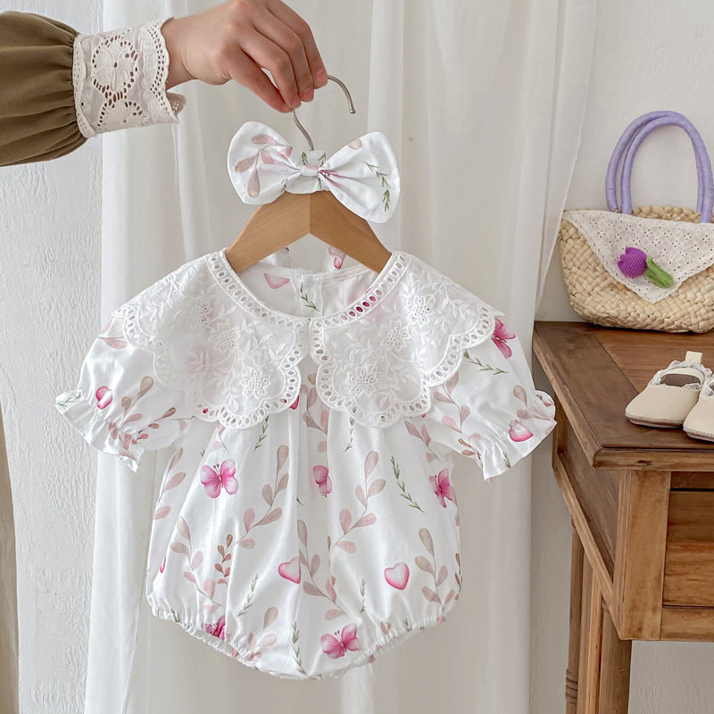 Summer Girls Flowers Pattern Short Sleeves Hollow Out Collar Onesies And Dress – Sister Matching Clothing Set, MyKids-USA®, Baby & Toddler Outfits, MyKids-USA - Size/Age - 66 (3-6M) - Color - Beige -  -  - TR2406212315-B