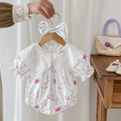 Summer Girls Flowers Pattern Short Sleeves Hollow Out Collar Onesies And Dress – Sister Matching Clothing Set, MyKids-USA®, Baby & Toddler Outfits, MyKids-USA - Size/Age - 66 (3-6M) - Color - Beige -  -  - TR2406212315-B