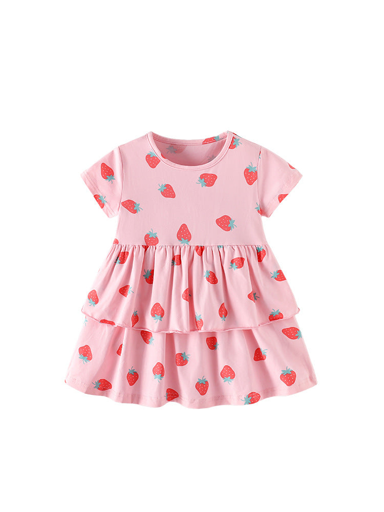 Summer Baby Kids Girls Short Sleeves Strawberry Pattern Dress