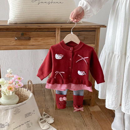 Winter and Autumn Baby Kids Girls Long Sleeves Cartoon Pattern Top and Color Patchwork Pants Knitted Clothing Set, MyKids-USA®, Baby & Toddler Outfits, MyKids-USA - Size/Age - 73 (6-9M) - Color - Red -  -  - TR2511262206-C