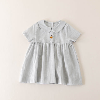 New Design Summer Kids Girls Handmade Embroidery Short Sleeves Peter Pan Collar Dress