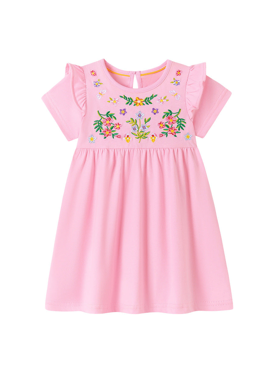 Summer Arrival Flowers Pattern Embroidered Short Sleeves Dress for Stylish Girls