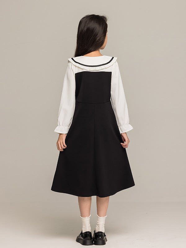 Arrival Autumn Kids Girls Long Sleeves Peter Pan Collar Shirt and Preppy Sleeveless Dress Sets