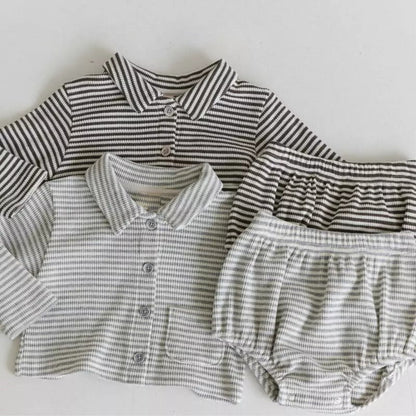 MyKids-USA® Spring and Autumn Baby Kids Long Sleeves Striped Pattern Turn-down Collar Shirt and Bloomers Clothing Set