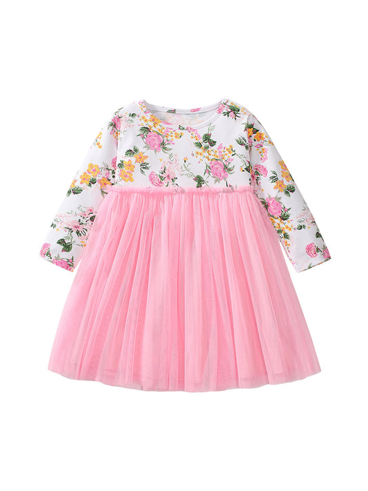 Design Autumn Girls Flowers Pattern Crew Neck Long Sleeves Pink Tulle Patchwork Princess Dress, MyKids-USA®, Baby & Toddler Dresses, MyKids-USA - Size/Age - 90 (12-24M) - Color - Pink -  -  - TR2407102354-A