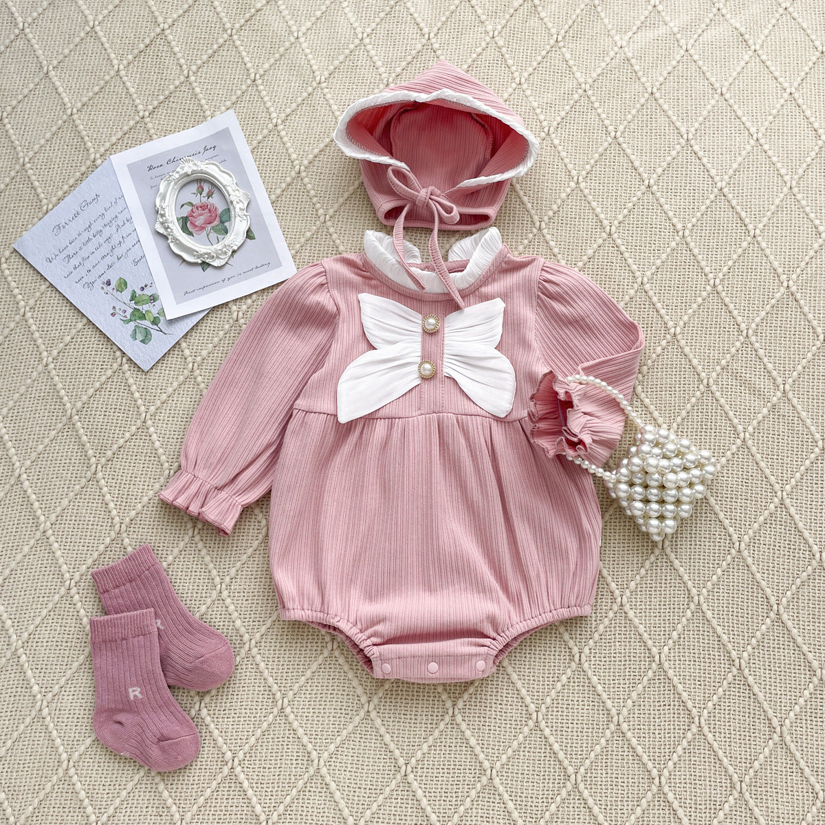 Autumn Arrival Baby Girls Long Sleeves Butterfly-bow Decorated Onesies, MyKids-USA®, Baby One-Pieces, MyKids-USA - Size/Age - 66 (3-6M) - Color - Pink -  -  - TR2509172349-B