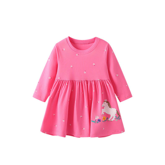 Autumn Arrival Baby Kids Girls Floral and Horse Pattern Long Sleeves Crew Neck Dress, MyKids-USA®, Baby & Toddler Dresses, MyKids-USA - Size/Age - 100 (2-3Y) - Color - Pink -  -  - TR2509202311-A