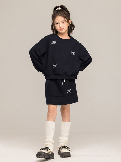 Arrival Autumn Kids Girls Long Sleeves Butterfly-bows Pattern Pullover and Skirt Sets