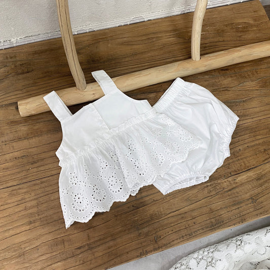 MyKids-USA® Baby Kids Girls Sleeveless Hollow-out Pattern Top and Plain Shorts Clothing Set