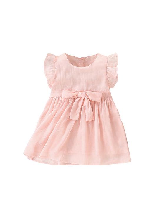 Summer New Arrival Girls’ Simple Plain Pink Short Sleeves Bow Tied Dress