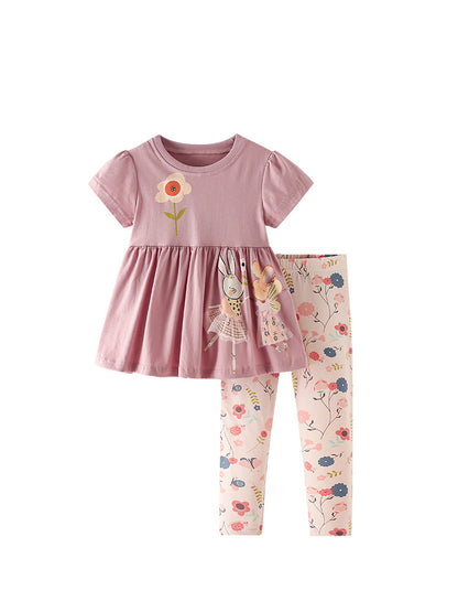 Arrival Summer Baby Kids Girls Short Sleeves Cartoon Pattern Top and Floral Pants Clothing Set