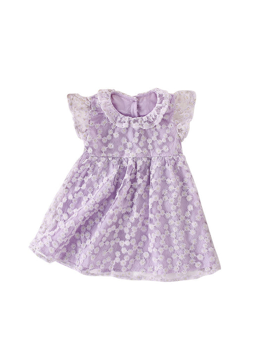Summer Arrival Girls’ Daisy Flowers Pattern Embroidery Round Collar Fly Sleeves Dress, MyKids-USA®, Baby & Toddler Dresses, MyKids-USA - Size/Age - 90 (12-24M) - Color - Purple -  -  - TR2405302358-A