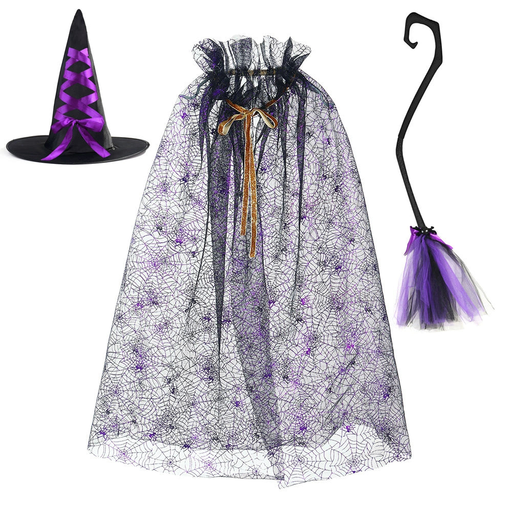 Arrival Dark Halloween Essential: Girls’ Witch Wizard Hat, Cloak, and Broom Set, MyKids-USA®, Costume Sets, MyKids-USA - Size/Age - Average - Color - Green -  -  - TR2508202017-C.