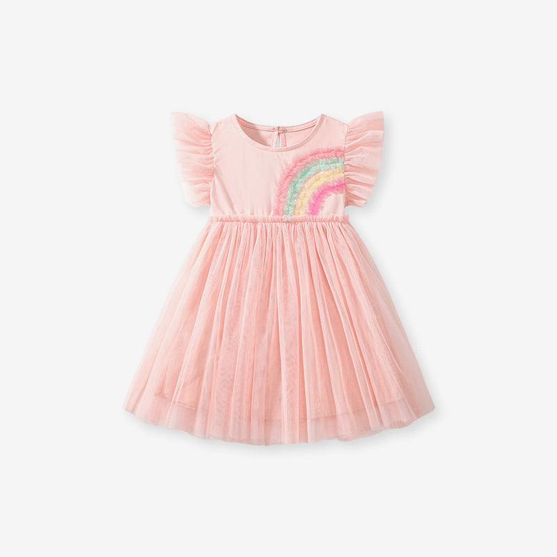 Summer Arrival Colorful Rainbow Pattern Fly Sleeves Tulle Dress for Stylish Girls, MyKids-USA®, Baby & Toddler Dresses, MyKids-USA - Siza/Age - 90 (12-24M) - Color - Pink -  -  - TR2503072329