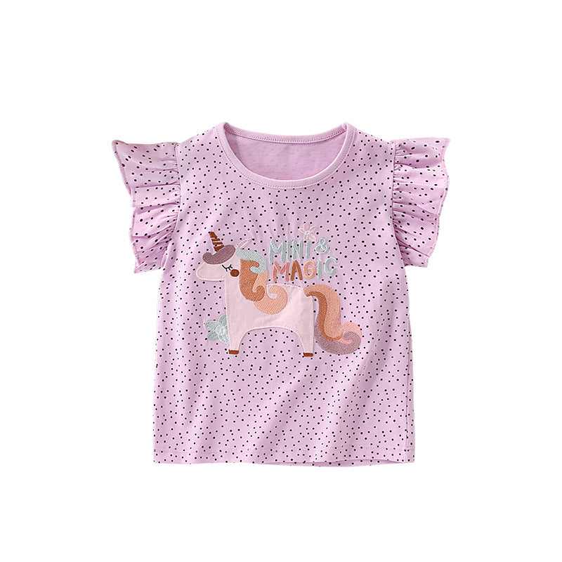Summer Arrival Girls’ Dots and Cartoon Pattern Fly Sleeves T-shirt in European and American Style, MyKids-USA®, T-Shirts, MyKids-USA - Size/Age - 120 (5-7Y) - Color - Purple -  -  - TR2506231900-A