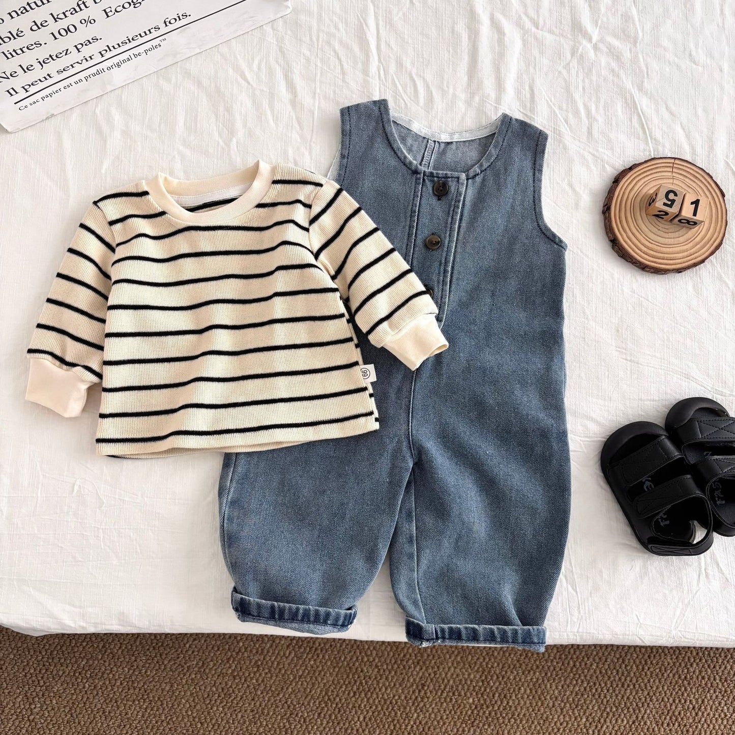 Autumn Hot Selling Baby Kids Unisex Sleeveless Denim Strap Overalls and Striped Pullover Clothing Set, MyKids-USA®, Baby & Toddler Outfits, MyKids-USA - Size/Age - 66 (3-6M) - Color - Khaki -  -  - TR2506142024-A