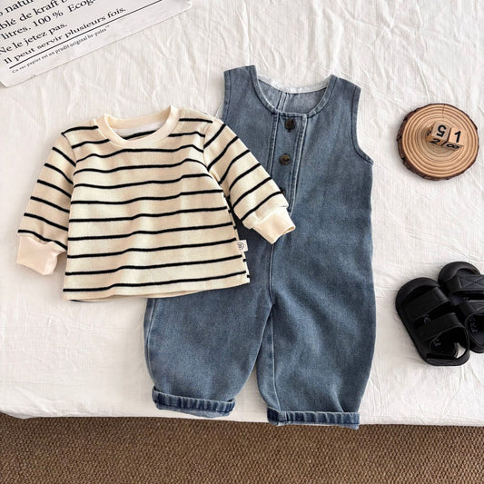 Autumn Hot Selling Baby Kids Unisex Sleeveless Denim Strap Overalls and Striped Pullover Clothing Set, MyKids-USA®, Baby & Toddler Outfits, MyKids-USA - Size/Age - 66 (3-6M) - Color - Khaki -  -  - TR2506142024-A