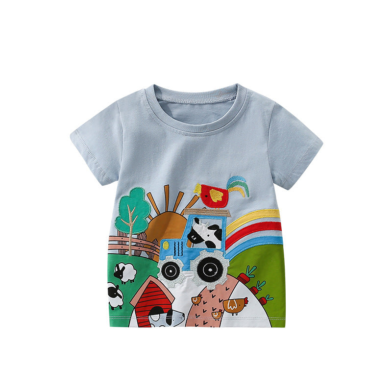 Summer Boys’ Cartoon Animals and Farm Pattern T-shirt in European and American Style, MyKids-USA®, Baby & Toddler Tops, MyKids-USA - Size/Age - 100 (2-3Y) - Color - Blue -  -  - TR2504271823-A