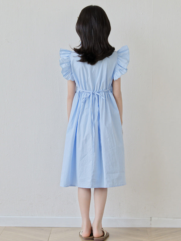 Summer Arrival Fly Sleeves Butterfly-bow and Lace Pattern Dress for Stylish Girls