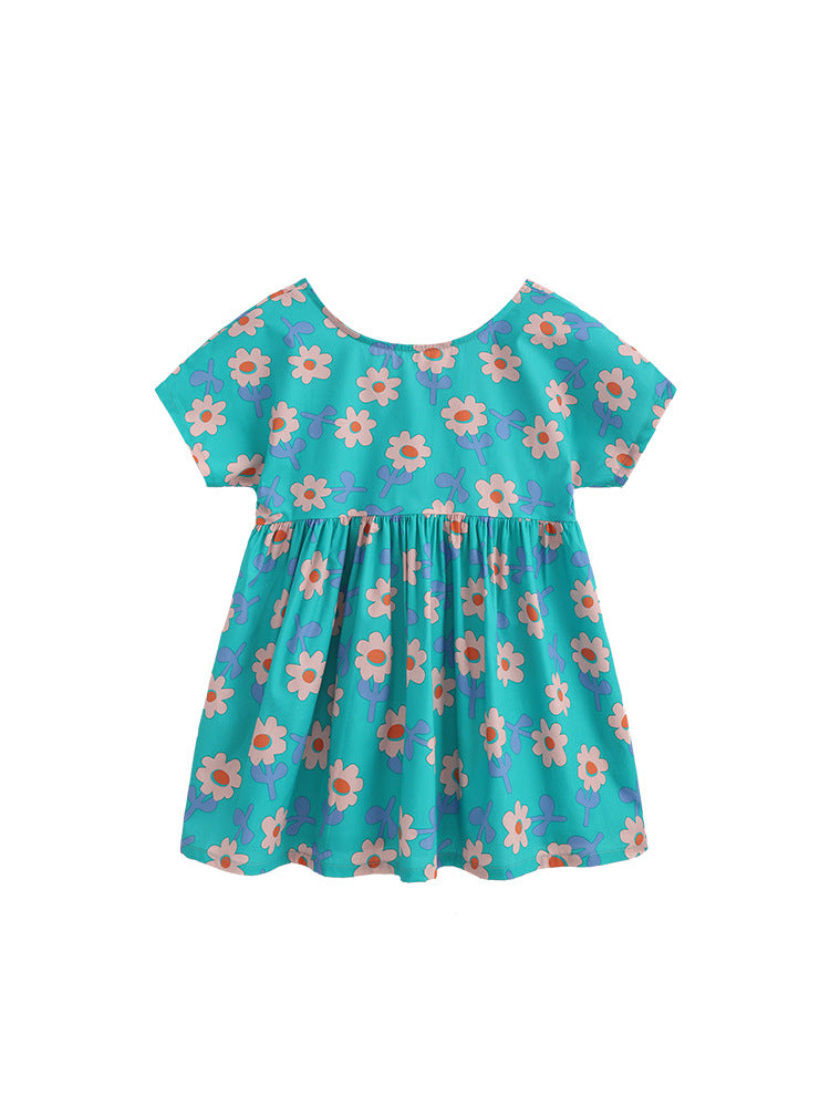 Summer Hot Selling Cute Flowers Pattern Short Sleeves Dress for Stylish Girls