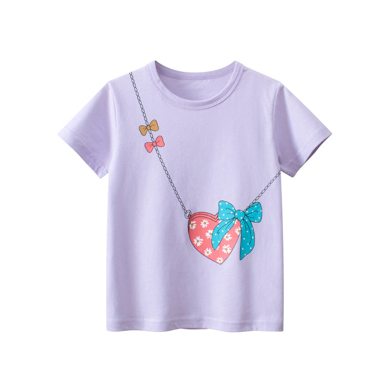Baby Girl Solid Purple Print Pattern Crewneck Cotton T-Shirt