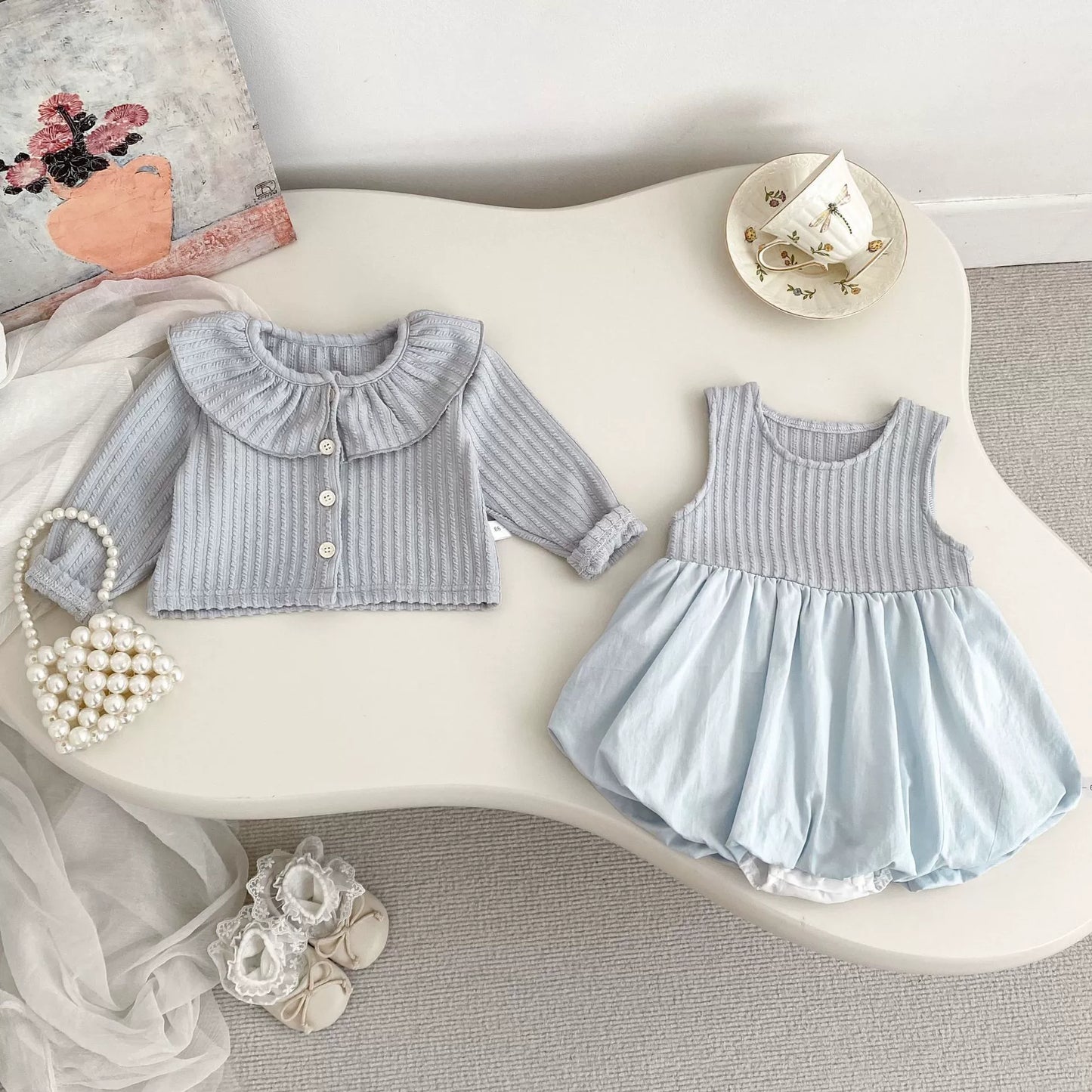 Spring and Autumn Baby Kids Girls Solid Color Long Sleeves Beige Cardigan and Sleeveless Onesies Clothing Set, MyKids-USA®, Baby & Toddler Outfits, MyKids-USA - Size/Age - 66 (3-6M) - Color - Blue -  -  - TR2509022210-B