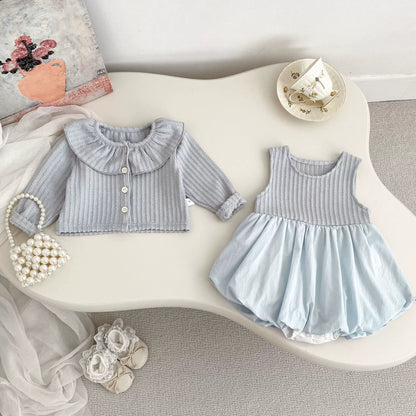 Spring and Autumn Baby Kids Girls Solid Color Long Sleeves Beige Cardigan and Sleeveless Onesies Clothing Set, MyKids-USA®, Baby & Toddler Outfits, MyKids-USA - Size/Age - 66 (3-6M) - Color - Blue -  -  - TR2509022210-B