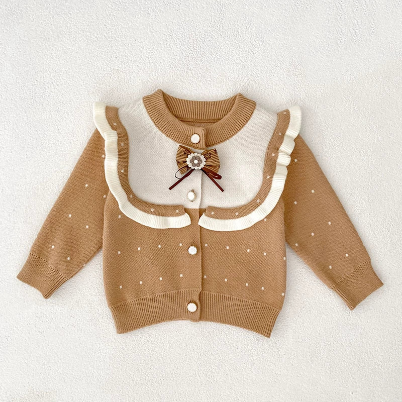 Autumn Arrival Baby Girls Comfortable Dots Pattern Color Patchwork Knitted Long Sleeves Cardigan, MyKids-USA®, Cardigans, MyKids-USA - Size/Age - 66 (3-6M) - Color - Khaki -  -  - TR2508052317-A