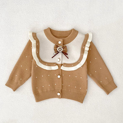 Autumn Arrival Baby Girls Comfortable Dots Pattern Color Patchwork Knitted Long Sleeves Cardigan, MyKids-USA®, Cardigans, MyKids-USA - Size/Age - 66 (3-6M) - Color - Khaki -  -  - TR2508052317-A