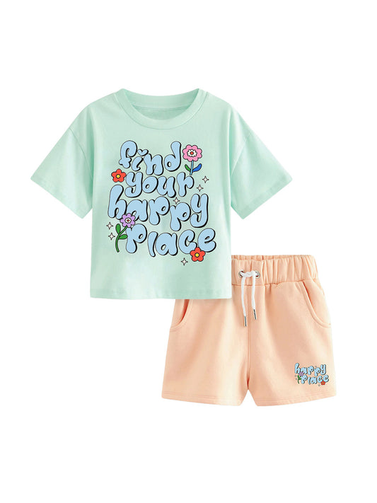 Baby And Kids Girls Floral Words Print Top And Shorts 2-Piece Casual Clothing Set