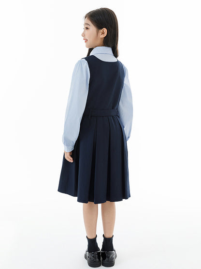 Arrival Autumn Kids Girls Long Sleeves Solid Color Shirt and Preppy Sleeveless Dress Clothing Set
