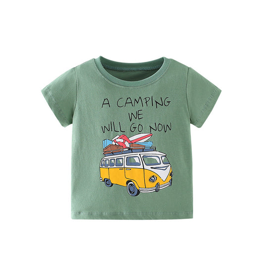 Boys’ Cartoon And Letters Print Army Green T-Shirt In European And American Style