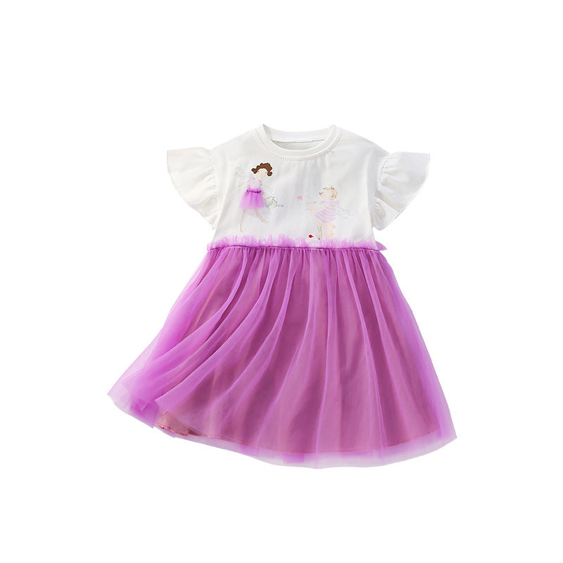 Summer Arrival Cartoon Pattern Fly Sleeves Tulle Patchwork Dress for Stylish Girls, MyKids-USA®, Baby & Toddler Dresses, MyKids-USA - Size/Age - 100 (2-3Y) - Color - Purple -  -  - TR2505052302-A