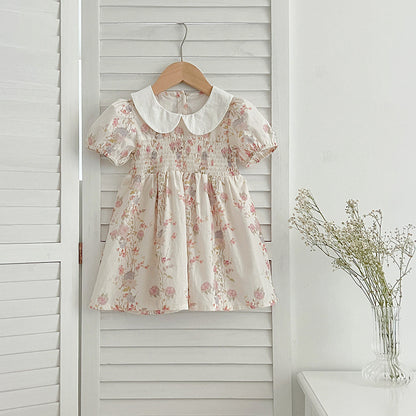 New Arrival Summer Girls Peter Pan Collar Short Sleeves Floral Print Onesies And Dress – Princess Sister Matching Set