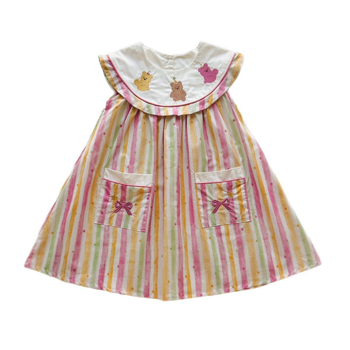 Summer Arrival Baby Girls Sleeveless Teddy and Striped Pattern Dress, MyKids-USA®, Baby & Children's Dresses, MyKids-USA - Size/Age - 90 (12-24M) - Color - Pink -  -  - TR2604022306-A.