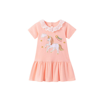 Summer Arrival Cartoon and Star Pattern Short Sleeves Dress for Stylish Girls