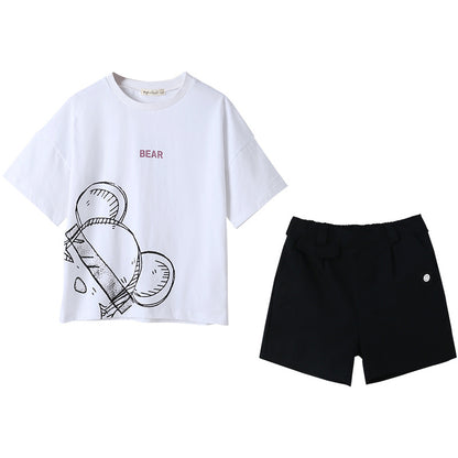 Summer Cheap Girls Abstract Teddy Print Short Sleeves T-Shirt And Smiling Face Logo Shorts Clothing Set