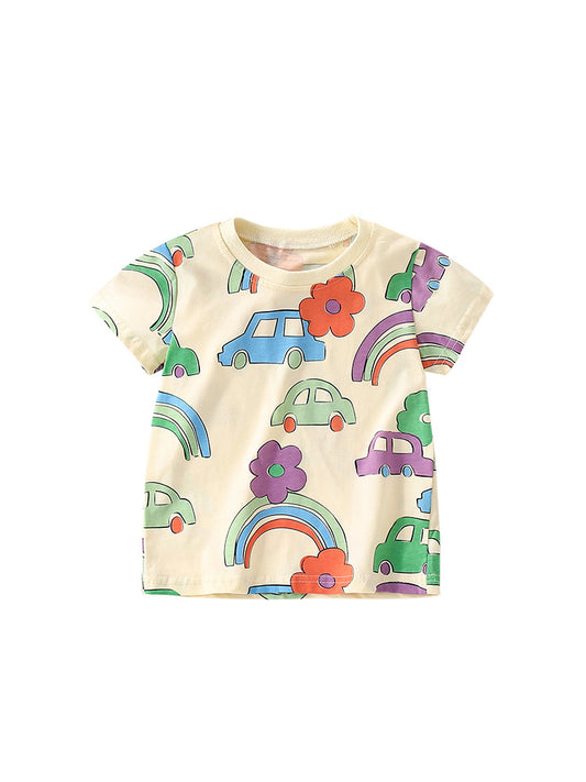 Boys’ Cartoon Rainbow Cars Pattern Short Sleeves T-Shirt In European And American Style For Summer