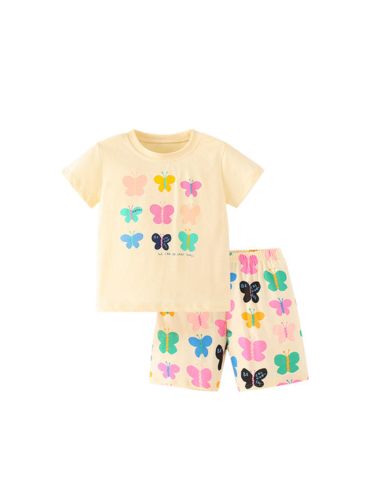 Spring Baby And Kids Girls Butterfly Cartoon Top And Shorts Casual Home Clothing Set