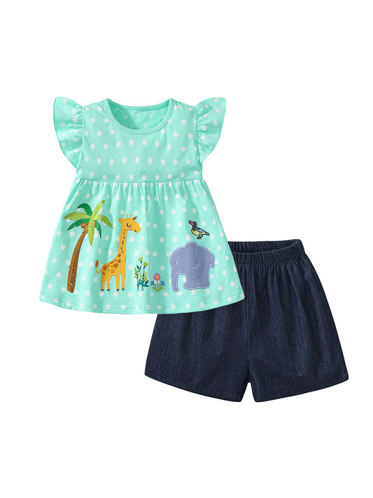Summer Baby Kids Girls Polka Dots Green Dress And Solid Color Shorts 2-Piece Clothing Set